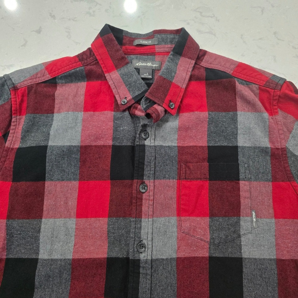 Eddie Bauer Mens Classic Fit Flannel Shirt Red Black Grey Buffalo Plaid Large L